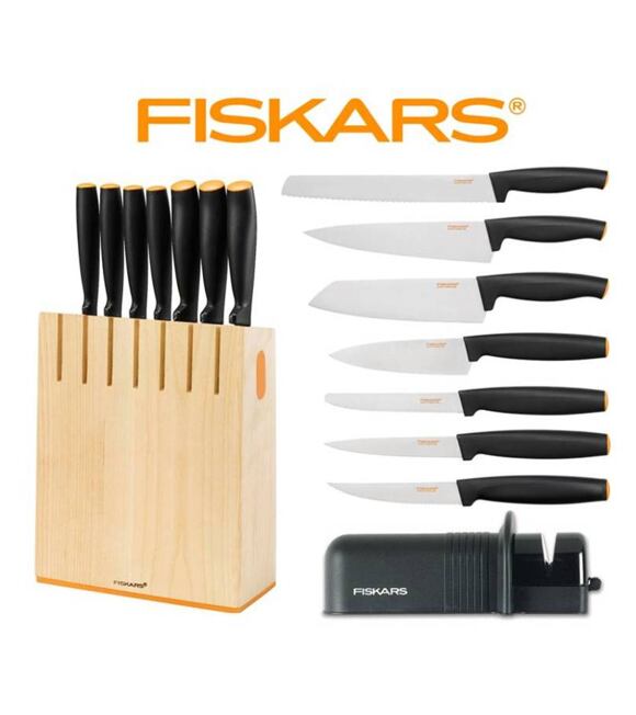 Messerblock,7 Messer,Axt- und Messerschärfer Fiskars FF 1018781+120005