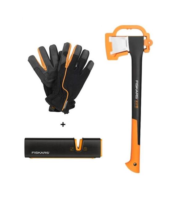 3-teiliges Set Fiskars X 17 + Xshapr Schärfer + Handschuhe