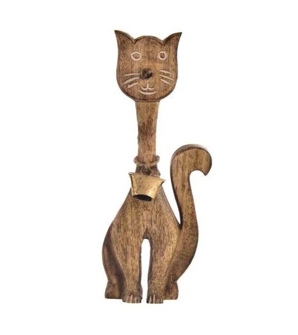 Katze mit Glöckchen 10 x 4 x 30 cm, Mangoholz INDECOR X13096